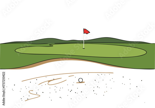 minimalist golf scene A ball rests on the green escaping the edge of the fairway Simple clean design evokes a sense of freedom and escape Perfect for lifestyle or business visuals