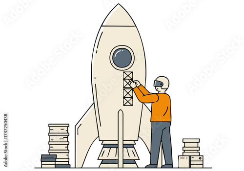A man wearing VR goggles builds a rocket craft, surrounded by tools and blueprints. A vibrant, modern illustration promotes innovation and ambition.