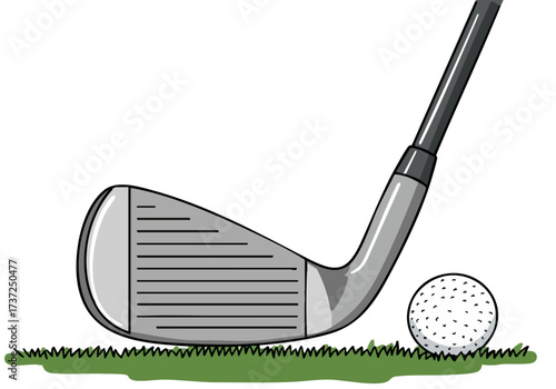playful illustration depicts a golf club poised over a ball on a green playfully incorporating the phrase 'Happy Golf Love's Crat' Clean modern style suitable for various commercial applications