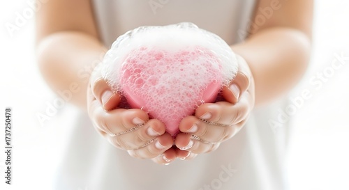 A pair of hands gently holding a pink heart-shaped bar of soap covered in fluffy white bubbles.