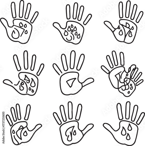 A grid display of nine minimalist hand outlines in black and white line art. Each hand shape contains different, simple, abstract patterns or flowing lines within its contour. 