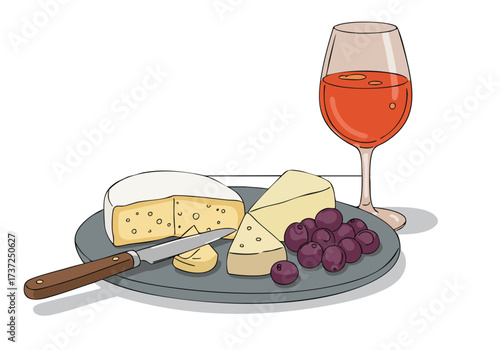 A still life featuring cheese, grapes, and wine, presented on a plate with a knife.  A stylish, inviting composition perfect for food and lifestyle imagery.