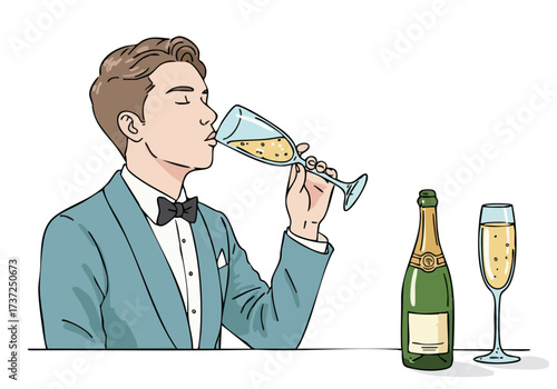 A stylish man celebrates with champagne. He?s dressed formally, enjoying a toast with a glass. A bottle and glass of champagne are visible. Elegant and celebratory.