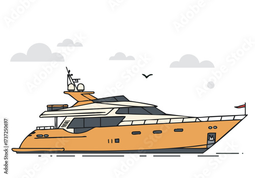 A stylish yacht icon illustration. Modern, flat design with a bright orange hull and white clouds. Perfect for travel, luxury, and marine themes.