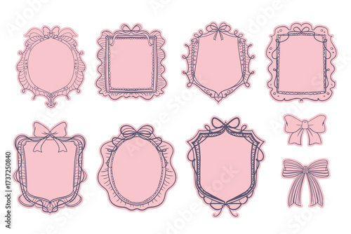 Vintage Pink Decorative Frames with Bows Collection Perfect for scrapbook design, invitations, greeting cards, feminine stationery, stickers, and digital decoration projects.