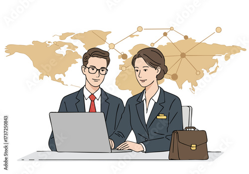 Two professionals collaborate on a laptop, connected globally. Modern office setting with a world map backdrop. Clean, stylish, and business-focused.