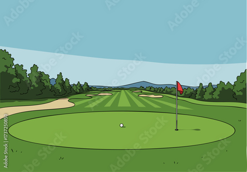 A vibrant golf course scene with a green fairway, a red flag, and two golf balls. ?Chase the Course? text adds a playful touch. Ideal for sports, leisure, and outdoor imagery.