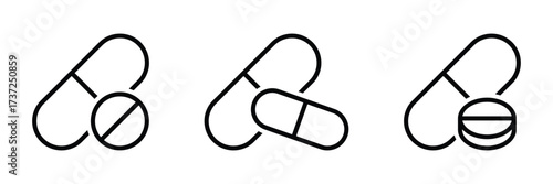 Capsule icons vector set in different stroke line style. Medicine pills icon vector graphic illustration.