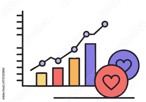 vibrant graphic showcasing growth and investment A chart with an upward trend intersects with a heart symbol and coins representing financial success and positive returns Modern illustrative style