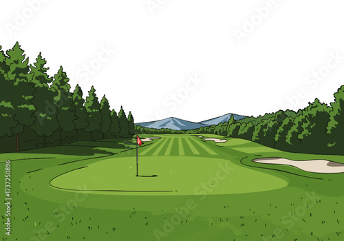 vibrant illustration depicts a golf course with a flag set against rolling hills and trees -Chase the Course- text adds a playful touch Ideal for sports leisure and outdoor themes