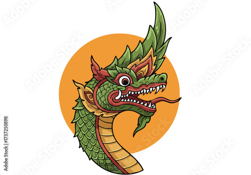 Vibrant Naga head icon, traditional Thai art style. Bold colors and intricate details. Perfect for logos, illustrations, and decorative designs. Clean, modern composition.