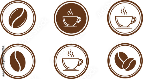 Coffee Beans and Cup Silhouettes in Brown Circle Frames, Drink Icons Collection