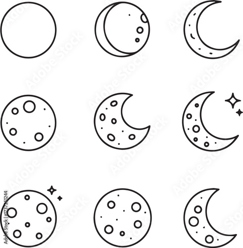 A grid displays nine distinct black outline illustrations of the moon's various phases
