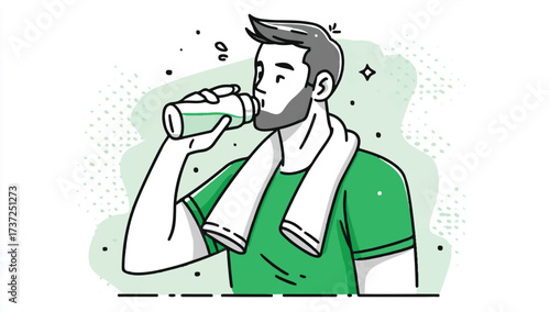 Athletic man hydrating after workout with water bottle and towel taking a break and refueling