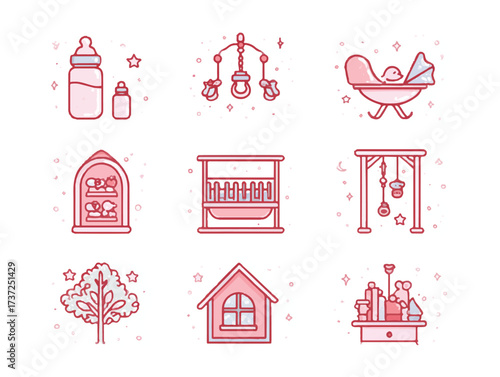 Baby and nursery themed design elements featuring cribs toys and bottles in soft colors