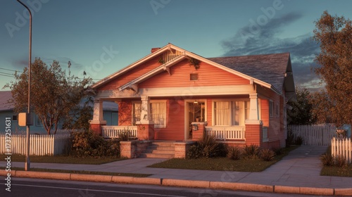A single - story orange house with a porch, white picket fence, surrounded by trees and plants, located near a street with a lamppost during twilight.