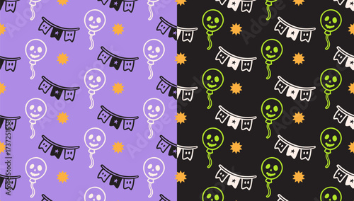 spooky ballon, party flag, light doodle motif pattern on purple black background set for Halloween merchandise. ghost balloon, bunting, star isolated seamless pattern background. vector illustration