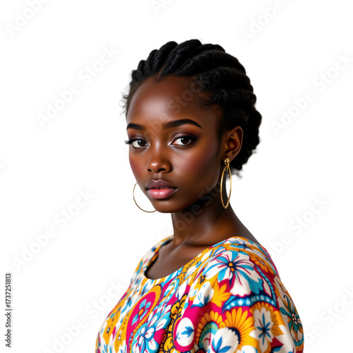 Celebrating culture portrait of a young woman in vibrant traditional attire urban setting colorful background close-up
