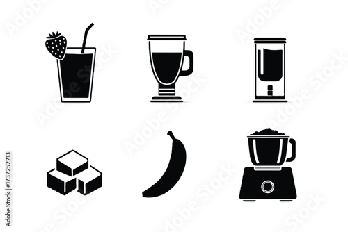 Black and white illustration of smoothie ingredients and preparation featuring fruits sugar and a blender