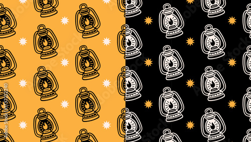 spooky lantern, light doodle motif pattern on black yellow background set for Halloween merchandise. fire glowing lamp and star isolated seamless pattern background. vector illustration