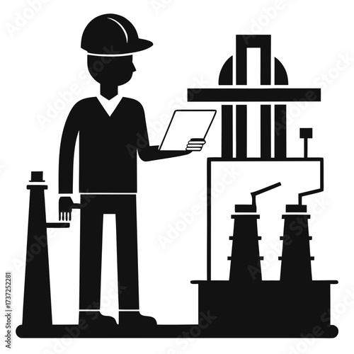 Engineer inspecting electrical substation equipment silhouette