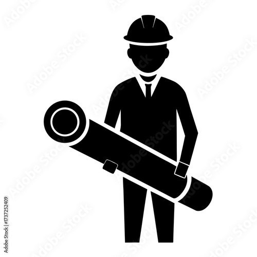 Construction worker silhouette holding blueprints for building project