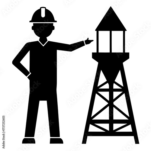 Construction worker pointing at water tower silhouette