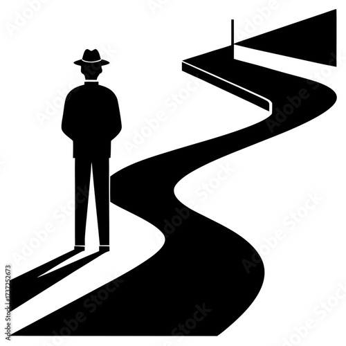 Man in hat standing on winding path silhouette