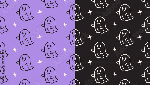 spooky ghost, phantom, light doodle pattern on purple black background set for Halloween merchandise. haunted apparition, spirit, ghoul, star, isolated seamless pattern background. vector illustration