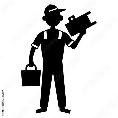 Worker in overalls holding tools and clipboard silhouette