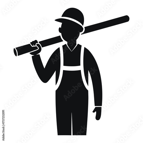 Construction worker carrying pipe on shoulder silhouette