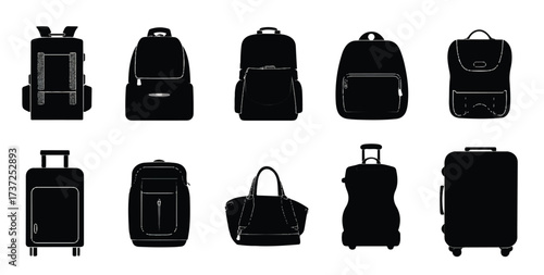 Black and White Silhouette Illustration of Various Types of Bags and Travel Luggage for Traveling