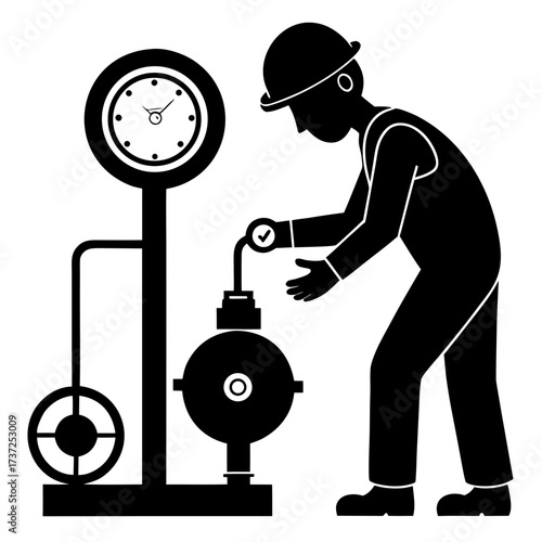 Worker operating industrial equipment with pressure gauge silhouette