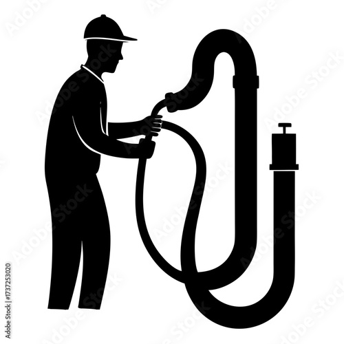 Plumber working with pipes and hose silhouette