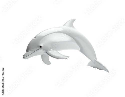 A glossy, white dolphin leaps from an unseen sea against a stark black background