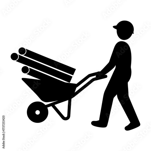 Construction worker pushing a wheelbarrow with pipes silhouette