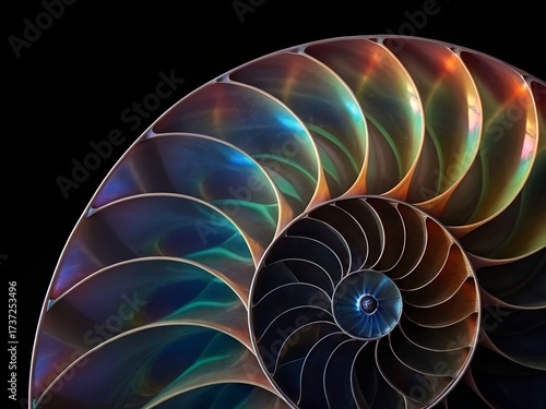 Cross-section of a nautilus shell revealing iridescent chambers and a logarithmic spiral pattern against a dark background