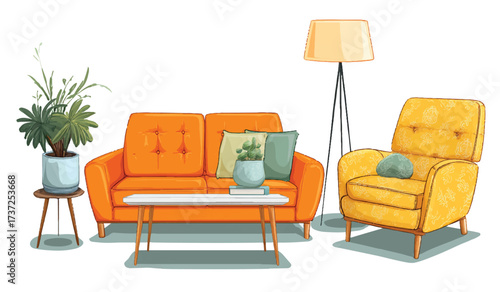 Bright and cheerful living room setup with orange sofa yellow armchair and indoor plants illustration