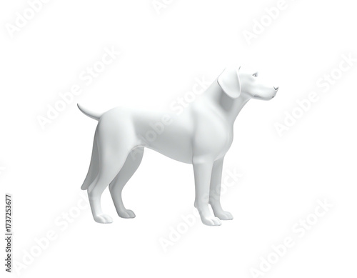 A monochromatic, rendered canine figure posed in profile against a stark black backdrop