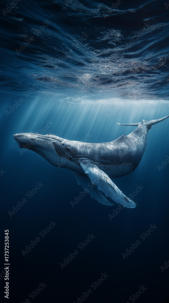 Naklejka premium Humpback whale swimming underwater with sunlight filtering through ocean surface. 
