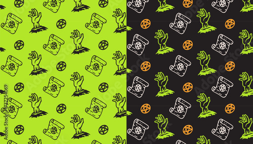 zombie hand, magic scroll, pentagram doodle pattern on green black background set for Halloween merchandise. undead bone hand, cursed scroll, star isolated motif background. vector illustration