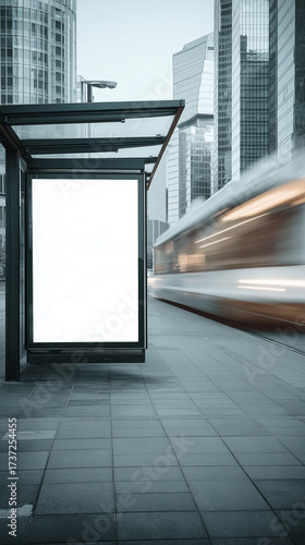 Wallpaper Mural Blank advertising billboard at modern city bus stop with blurred traffic.  
 Torontodigital.ca