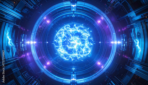 Blue energy core pulsating inside futuristic reactor, representing advanced technology, scientific innovation, and powerful next-generation clean energy production