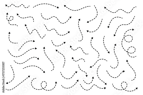 Hand drawn dot arrow vector set. Hand drawn line doodle arrow, curve arrow icon vector set. Vector illustration. Hand drawn dotted arrows set. Sketch curved dashed arrows design.