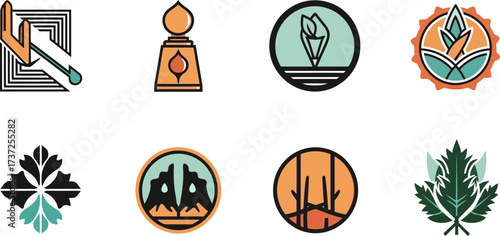 Collection of Eight Unique Abstract Modern Logos with Orange and Green Colors