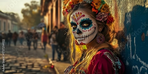 Woman with skull makeup, Day of the Dead.