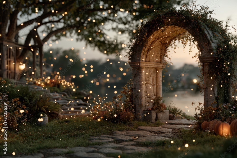 Fototapeta premium Enchanted Garden Pathway with Glowing Lights and Intricate Archway Surrounded by Nature and Serenity at Dusk