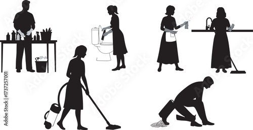 Cleaning activity silhouettes, household chores, mopping, vacuuming, dishwashing, organizing supplies, hygiene routine, black vector icons, domestic work, sanitation task, home care illustration