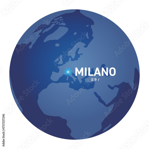 ミラノの位置をしめす地球儀の世界地図