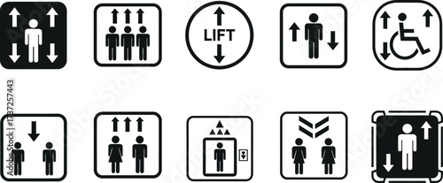 Collection of Lift Signage Icons, Symbols of Elevator, Arrow Movement Signs on White